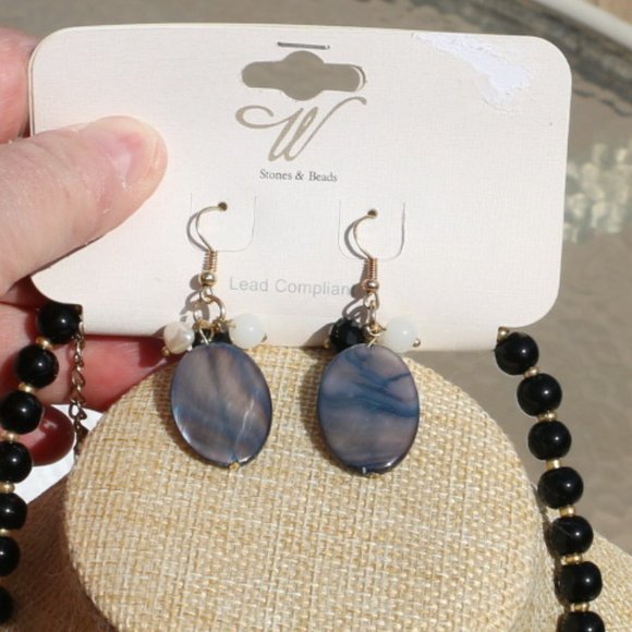 Large Agate Pearl & Mother of Pearl Flower Necklace Earring Set Chunky Handmade - Picture 4 of 6